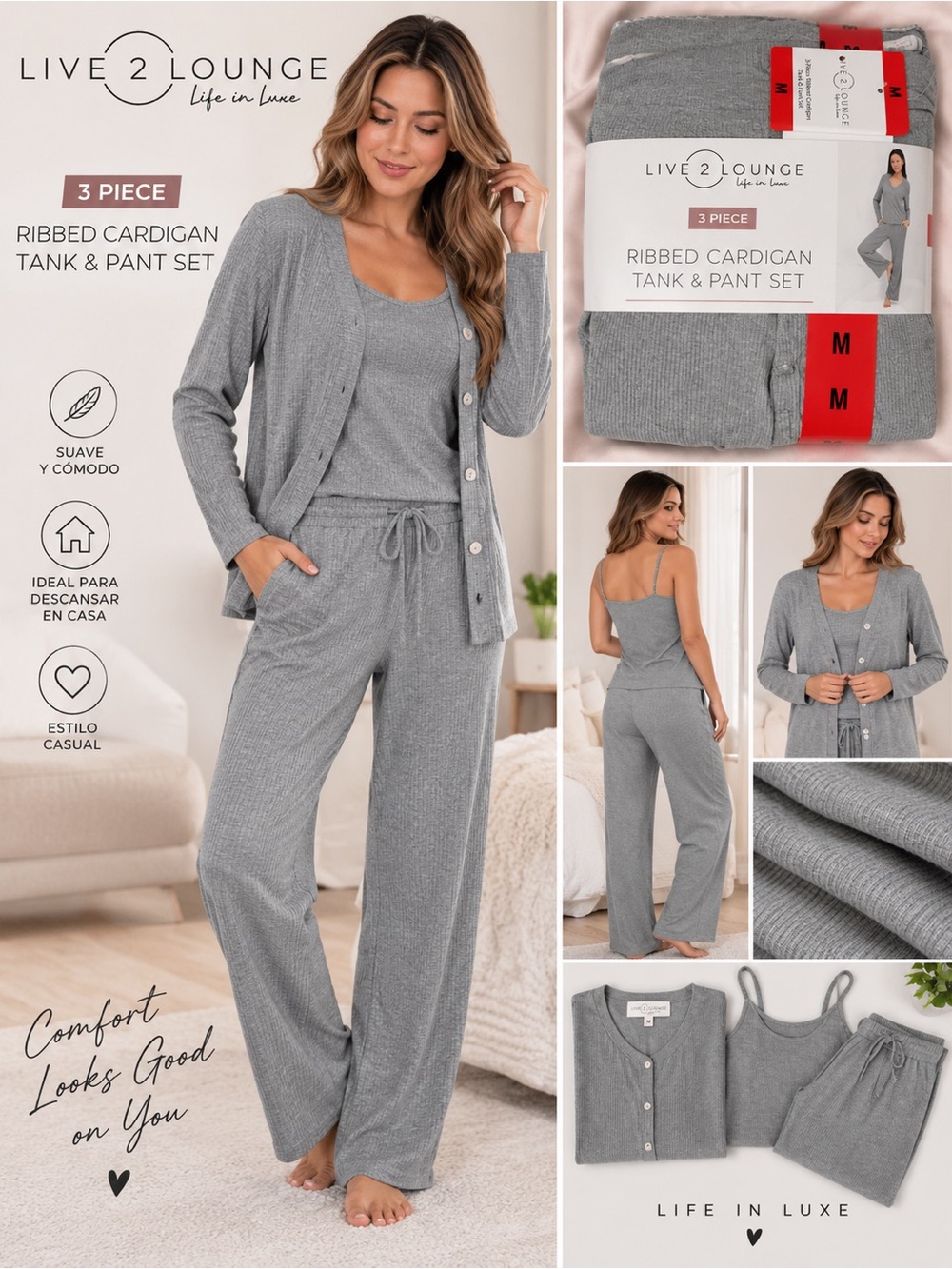 Live 2 Lounge Ribbed 3-Piece Pajama Set - Gray